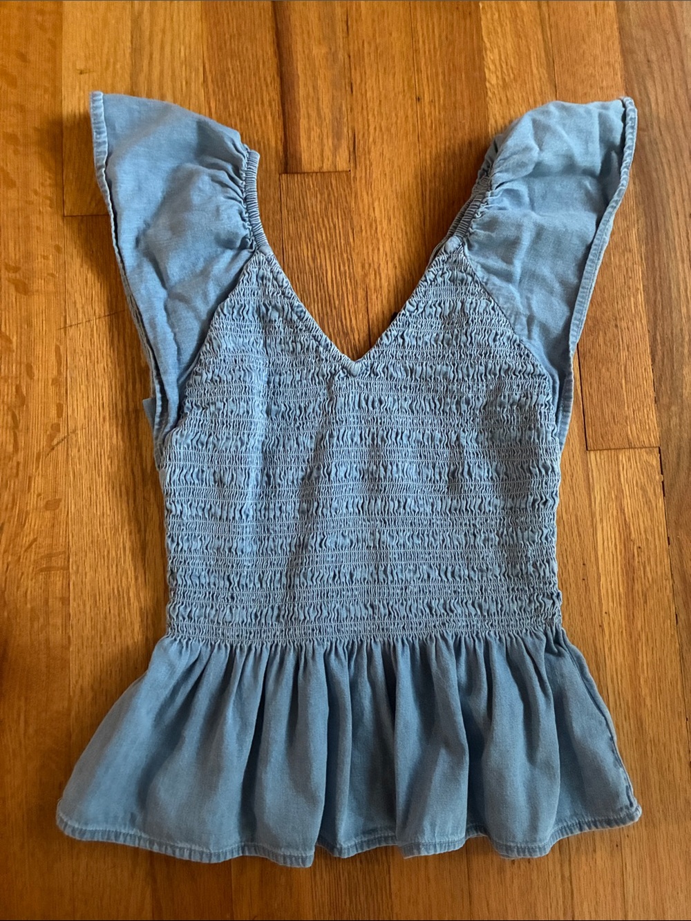 GAP Smocked Blue Ruffle-Hem Women's Denim Top